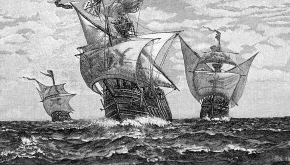 Las carabelas de la primera flota de Cristóbal Colón, la nao insignia Santa María, seguida por la Niña y la Pinta, representadas en este grabado de madera sin fecha. (Imagen de BETTMAN, CORBIS)