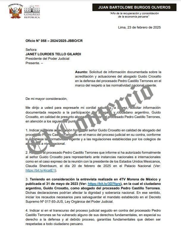 Oficio enviado a la presidenta del Poder Judicial.