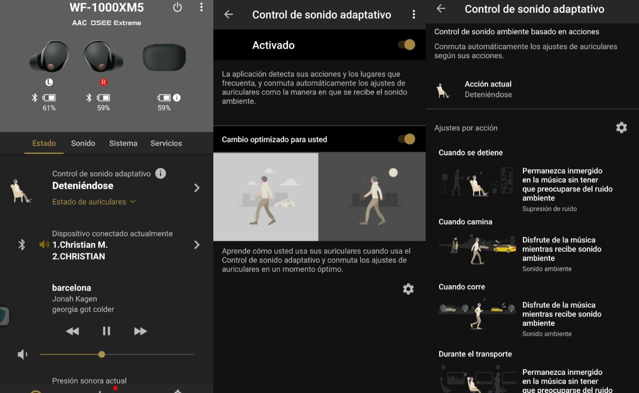 La aplicación de Sony permite perzonalizar los modos adaptativos, para gestionar de acuerdo a cada situación el sonido ambiental y la cancelación de ruido