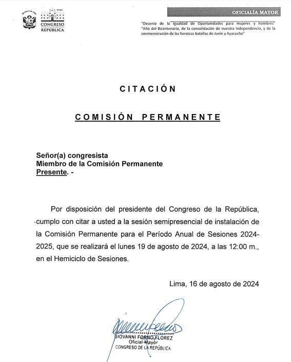 Convocatoria para instalar la Comisión Permanente del año 2024-2025.