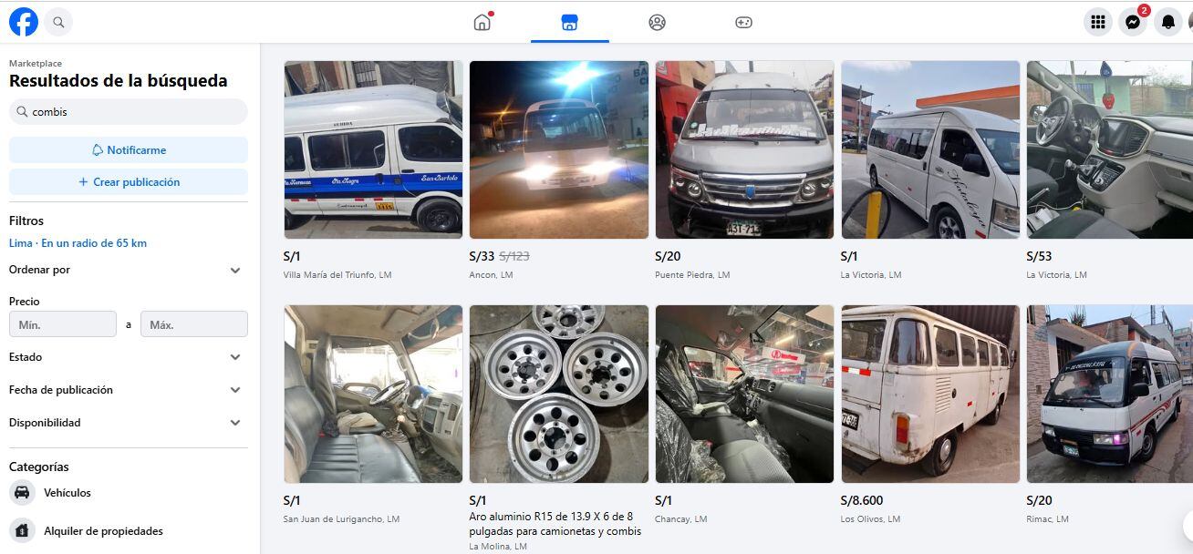 Venta de combis usadas en Marketplace de Facebook.