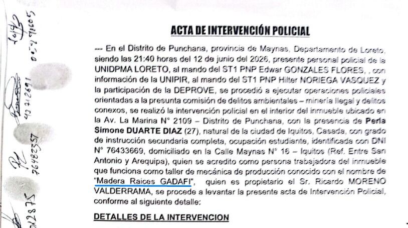 Acta de Intervención de la fiscalía y la policía
