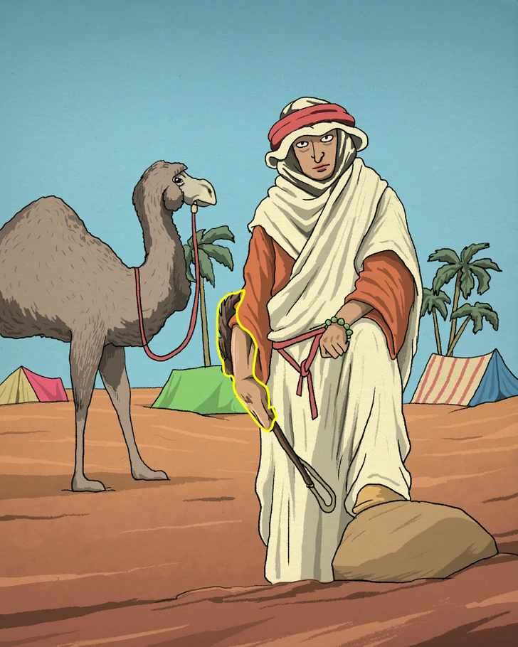 En la mano derecha del beduino se puede ver la cabeza del caballo. La he resaltado con amarillo para que la distingas.