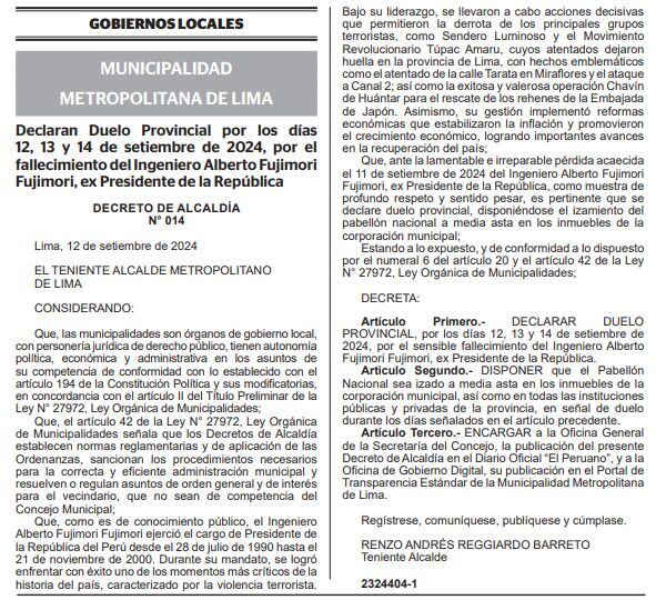 Municipalidad de Lima declara duelo provincial del 12 al 14 de setiembre por muerte de Alberto Fujimori.