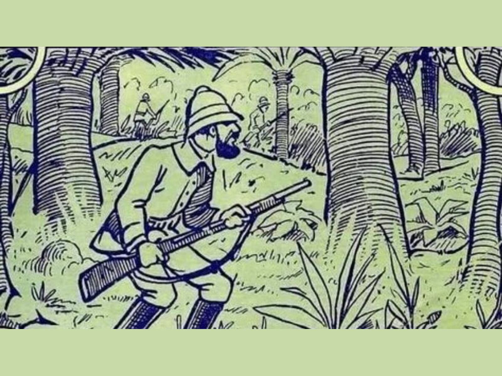 RETO VISUAL | En esta lámina antigua, de autor anónimo, podemos observar varios cazadores en búsqueda de un elefante en el medio de la selva.