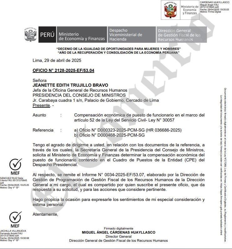 El 29 de abril por la noche, el MEF notifica a la PCM el informe que establece el monto del sueldo presidencial en S/ 35 mil