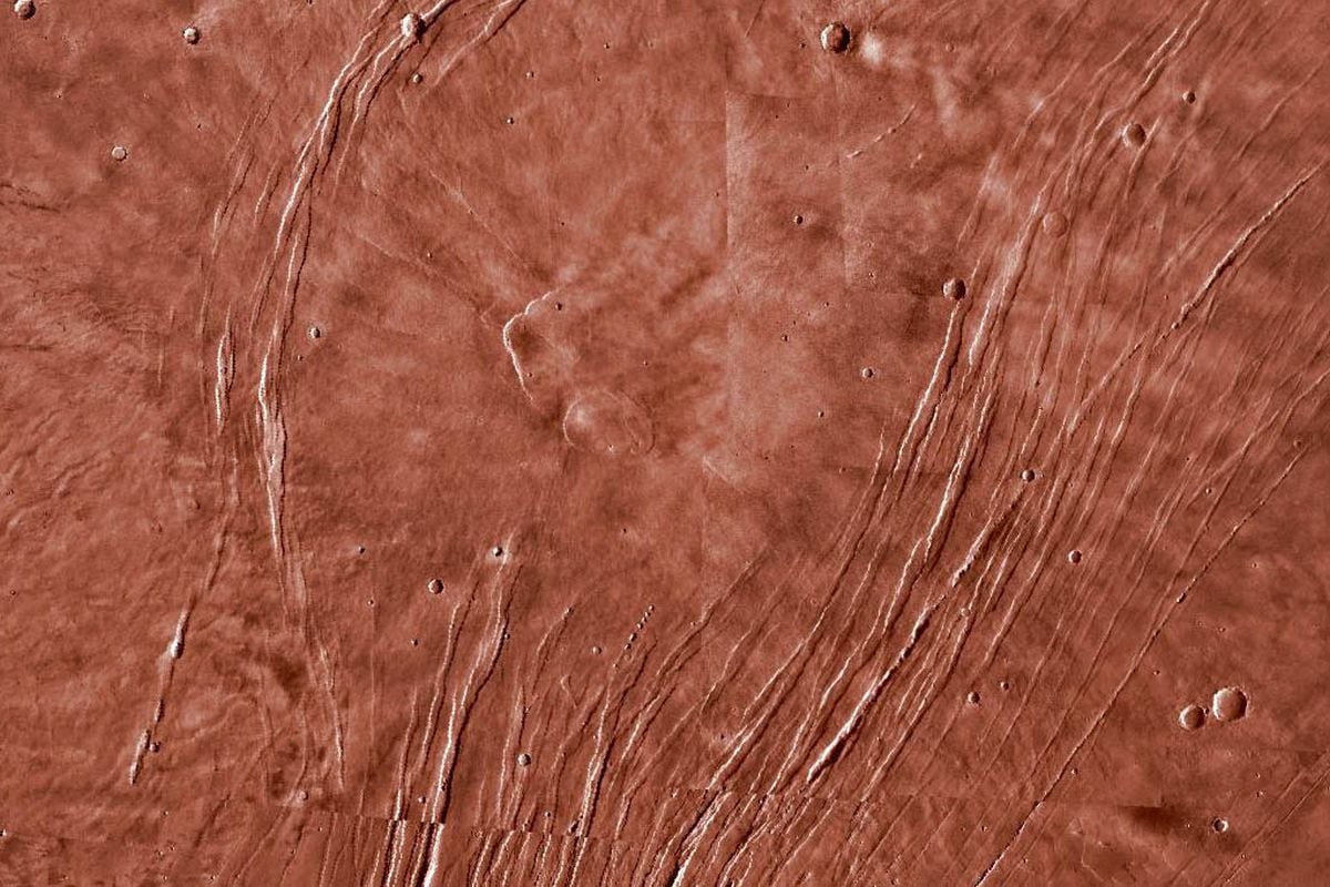 Imagen tomada por el programa Viking de Alba Mons. El relieve del volcán apenas es visible en las fotografías orbitales. El amplio sistema de fracturas del flanco oriental del volcán (derecha) se denomina Tantalus Fossae. El sistema de fracturas más estrecho del flanco occidental es Alba Fossae.