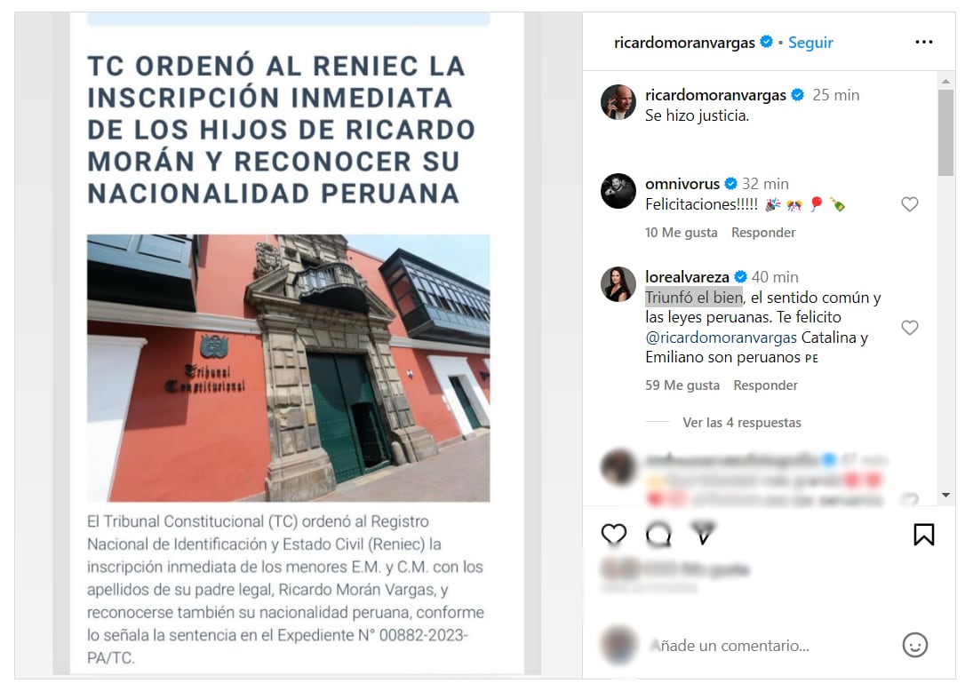 Publicación de Ricardo Morán en su cuenta de Instagram: "Se hizo justicia", dijo el exjurado de Yo soy
