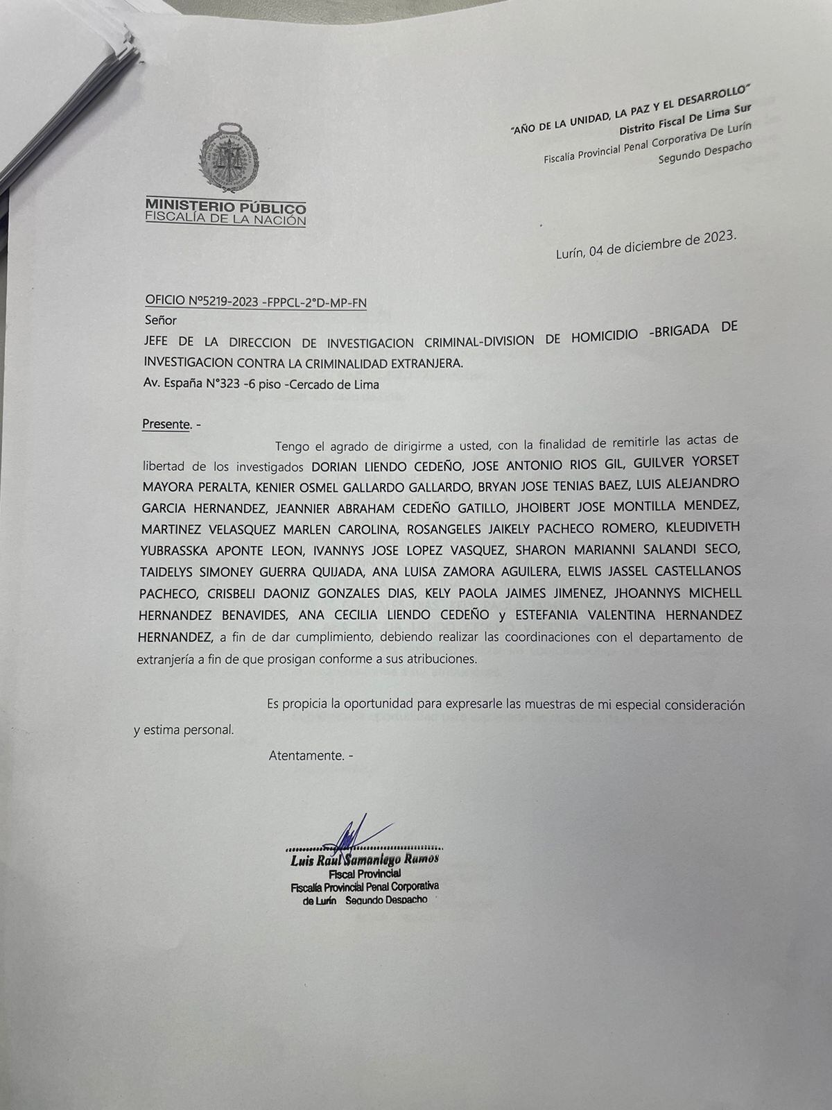 Documento donde se comunica la liberación de los 22 detenidos.