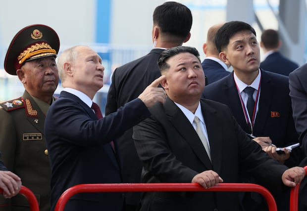 Putin and Kim visit the Vostochny Cosmodrome in the Amur Region on September 13, 2023.  (Photo by Michael Metzel/AFP).