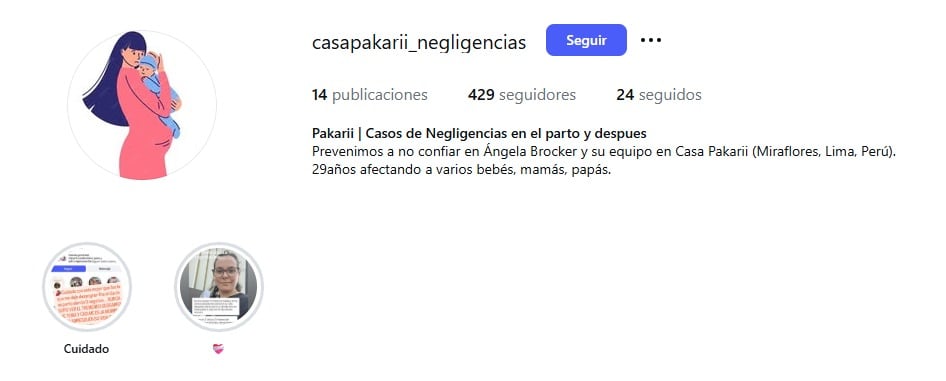 Página de Instagram del colectivo de mujeres que tuvieron partos naturales en Casa Pakarii.