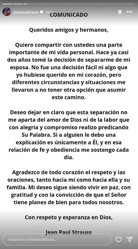 Jean Paul Strauss reveló que está separado de su esposa desde hace casi 2 años. (Foto: Instagram)