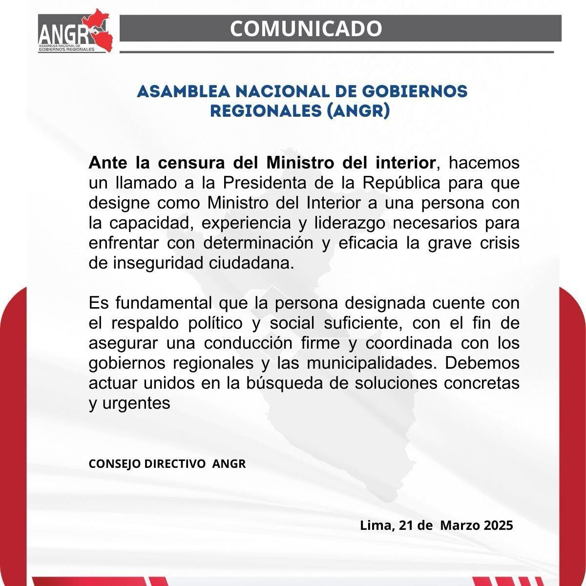 Comunicado de la Asamblea Nacional de Gobiernos Regionales (ANGR). (Foto: ANGR)