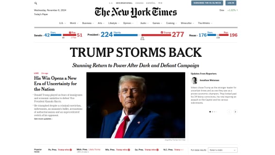 Portada de The New York Times sobre la victoria de Donald Trump en las elecciones en Estados Unidos 2024. (Foto: Captura de pantalla)