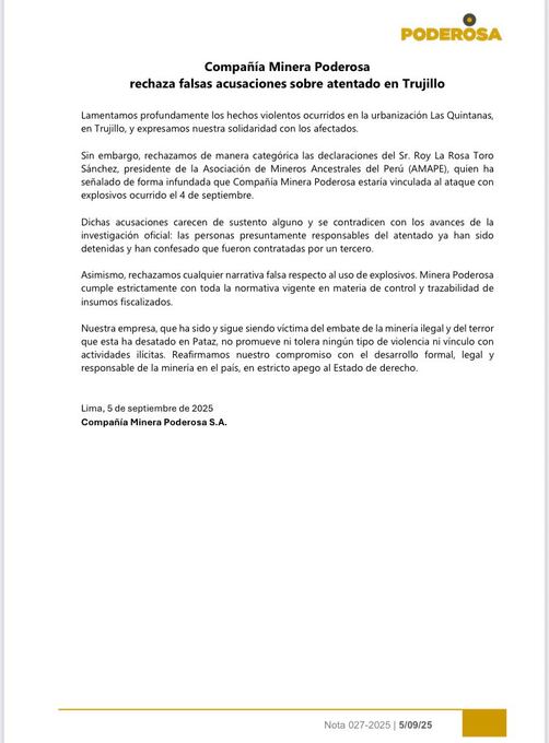 Poderosa negó los hechos y aseguró ser víctima de la minería ilegal en Pataz. (Foto: Difusión)