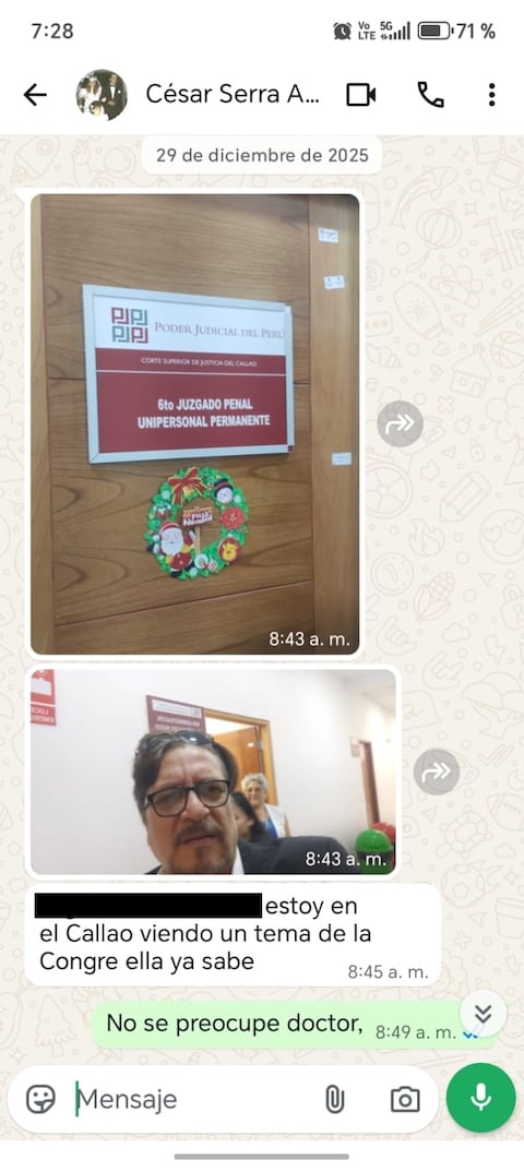 César Serra, asesor principal de Ariana Orué, reportándose con una fotografía viendo un tema personal de la Congresista en el Poder Judicial.