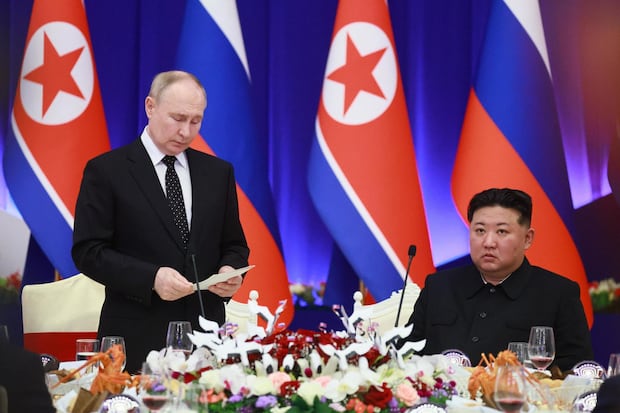 Putin and Kim attend a state reception in Pyongyang, North Korea on June 19, 2024.  (EFE/EPA/VLADIMIR SMIRNOV / SPUTNIK / KREMLIN).