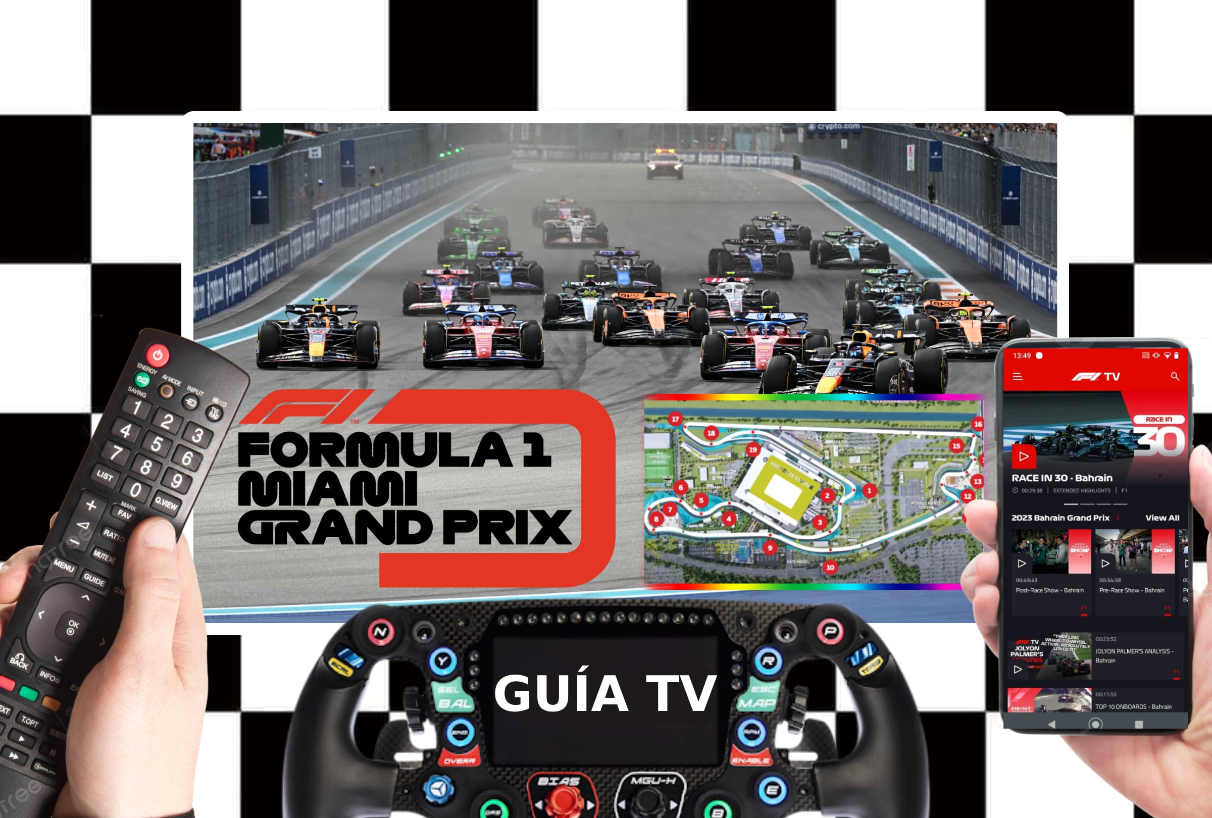 Lista de canales de televisión y plataformas online para ver la carrera del GP de Miami 2025 este domingo 25 de mayo por la sexta jornada del Mundial de la Fórmula Uno (Foto: AFP / Canva.com / Composición de Noé Yactayo)