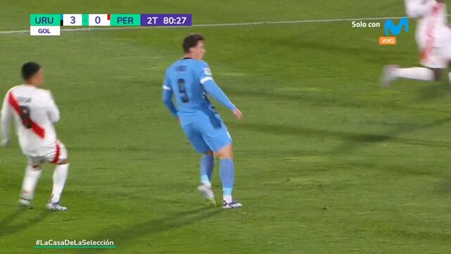 ¡Uruguay sentencia el partido y decreta la goleada! Federico Viñas marca el 3-0 para ‘La Celeste’ y provoca la euforia de su hinchada en el Centenario. (Captura Movistar)