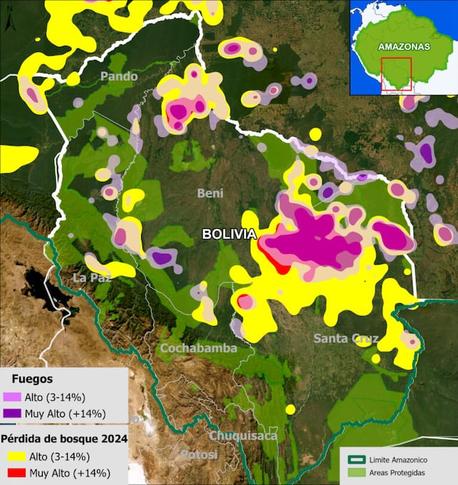 Las zonas de color fucsia y morado en el mapa muestran los incendios forestales en la Amazonía boliviana. Fuente: MAAP