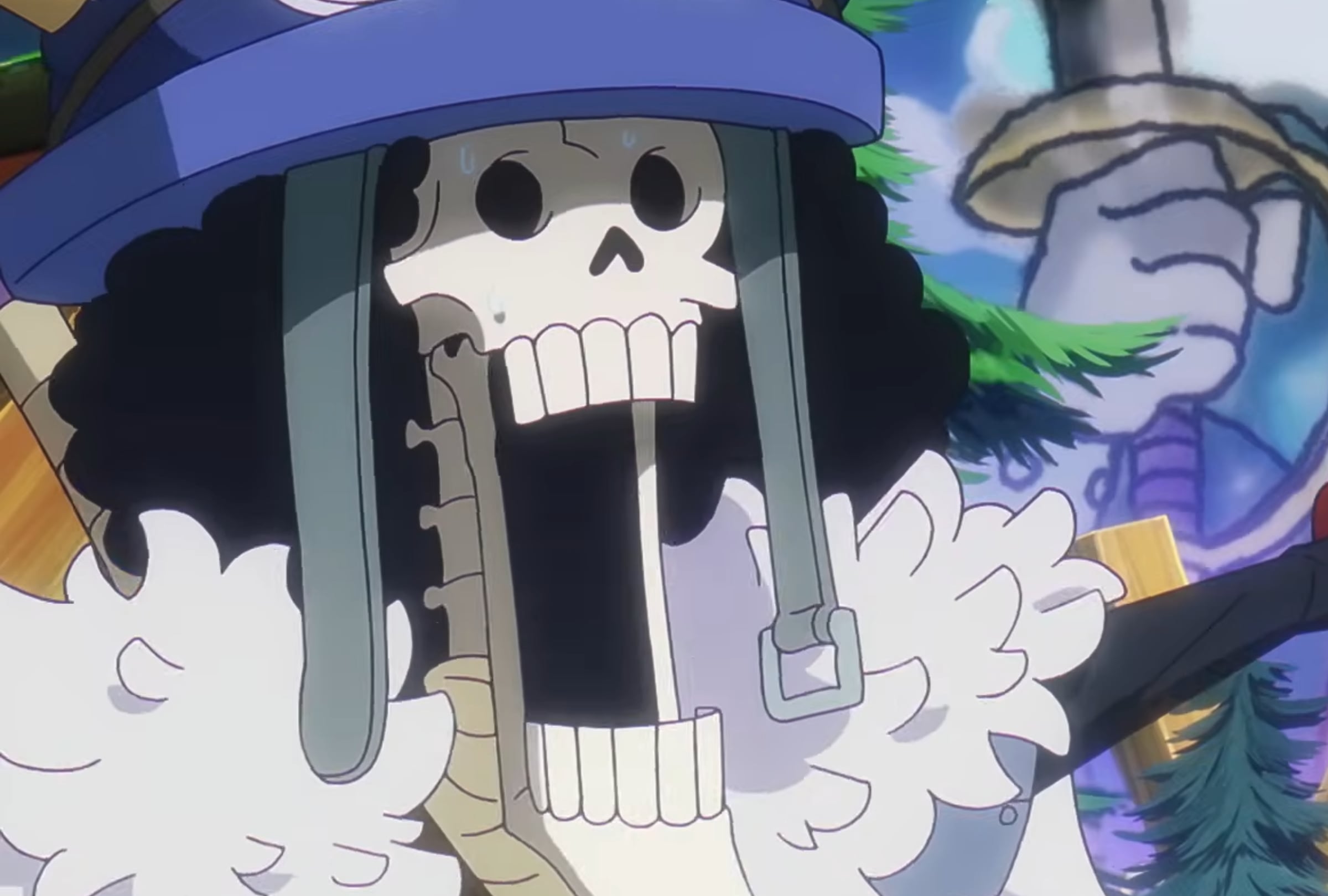 En esta escena del episodio 1174 del anime "One Piece", el músico de los Piratas de Sombrero de Paja, Brook, reacciona con una de sus características expresiones de pánico ante los acontecimientos ocurridos en la isla de los gigantes, Elbaph (Foto: Toei Animation)