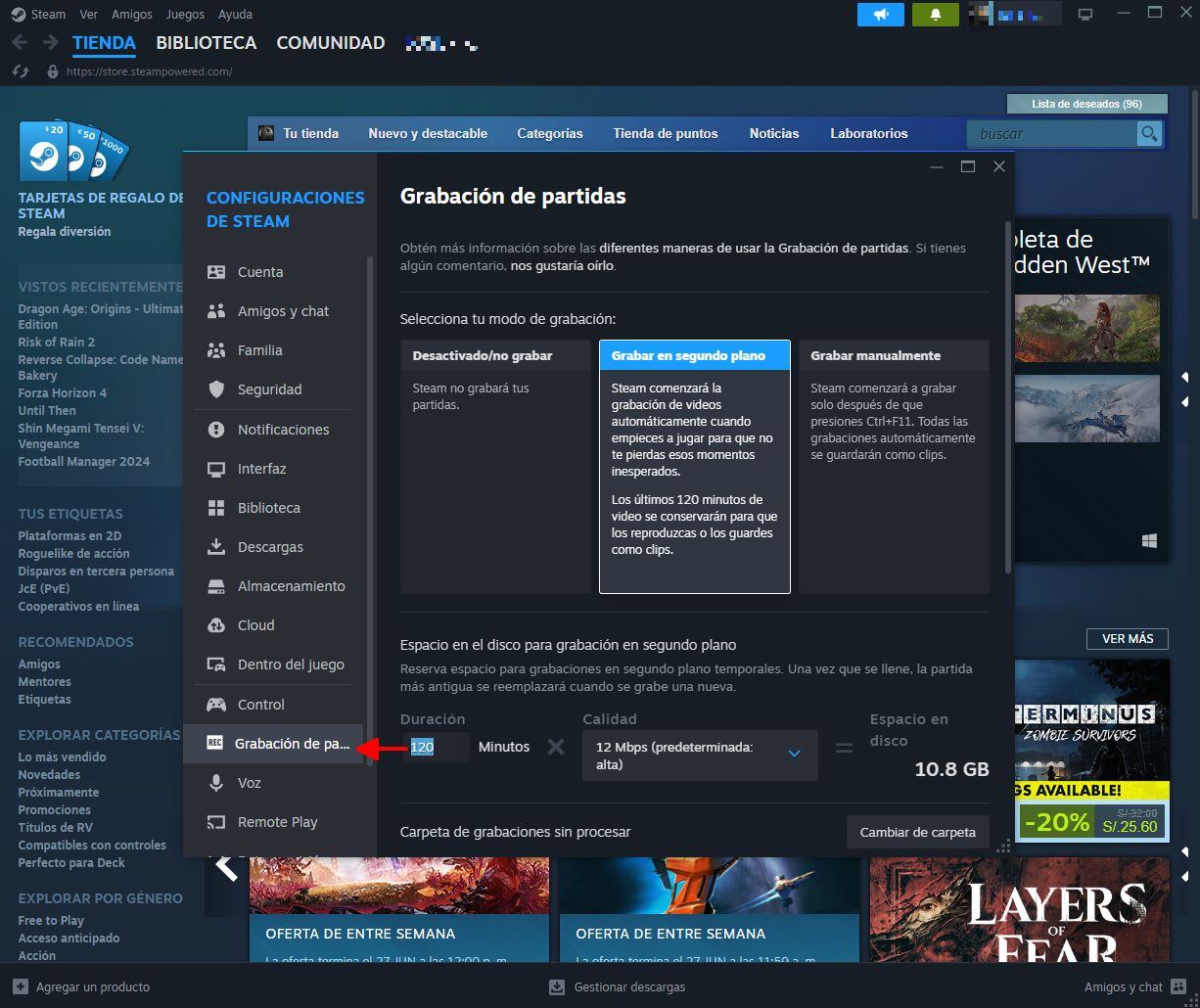 Las opciones que ofrece la función de Grabado de partidas.