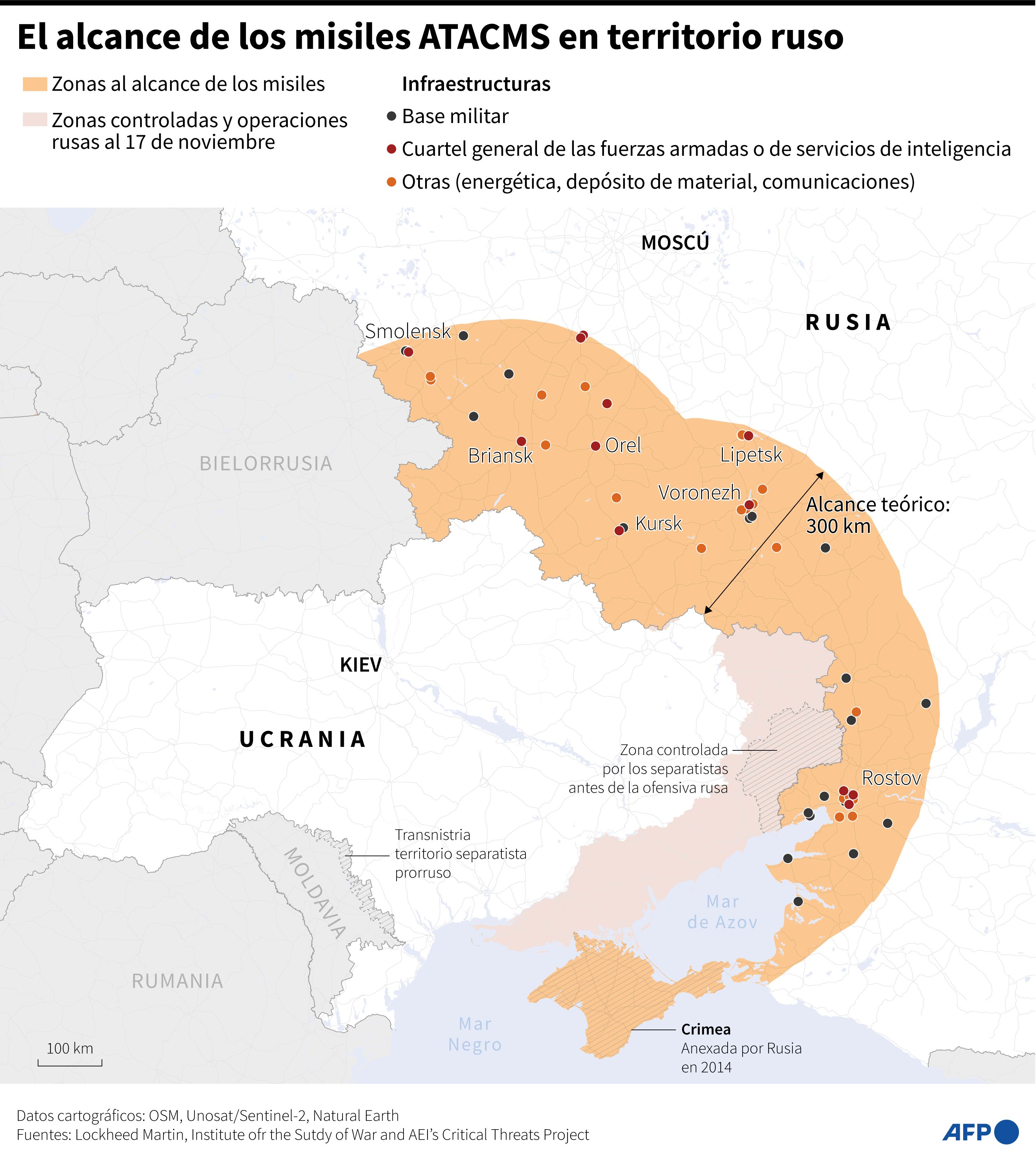 El alcance de los misiles ATACMS en territorio ruso. (AFP).