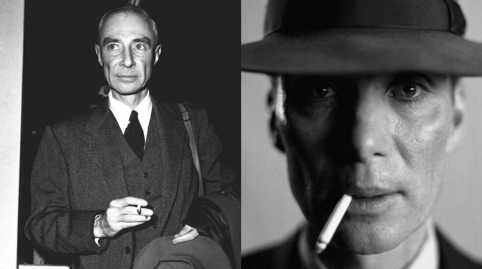 A la izquierda J. Robert Oppenheimer en una de sus visitas a Lima. A la derecha, el personaje interpretado en al película a estrenarse en julio.