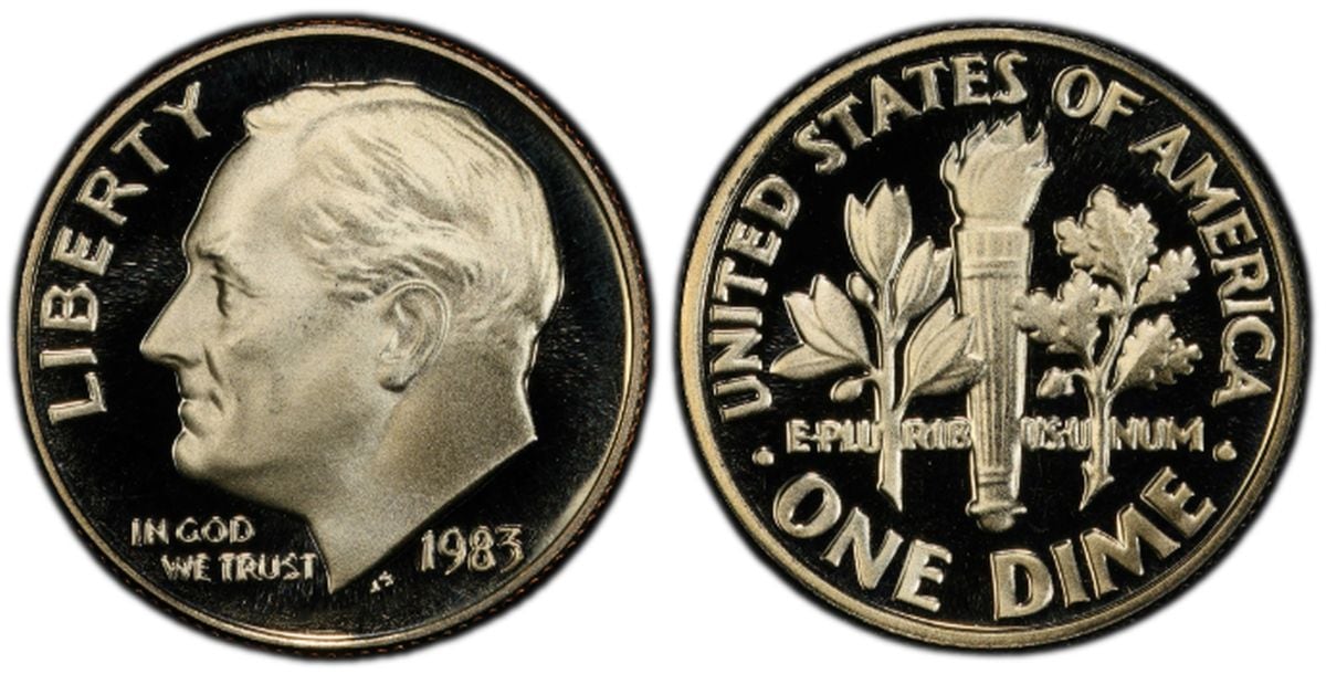 Anverso y reverso de la moneda de 10 centavos del año 1983 (Foto: PCGS)