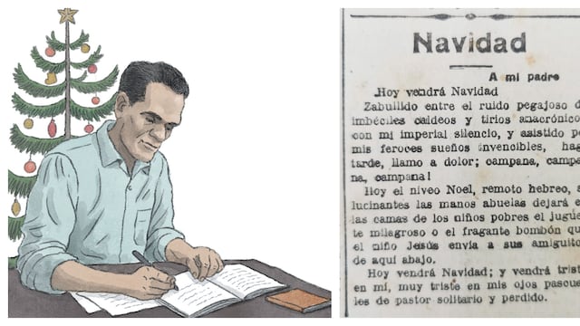 César Vallejo publicó su poema "Navidad" el 25 de diciembre de 1918, en el diario "La Prensa". (Ilustración: Víctor Aguilar Rúa/Foto: Biblioteca Nacional del Perú)