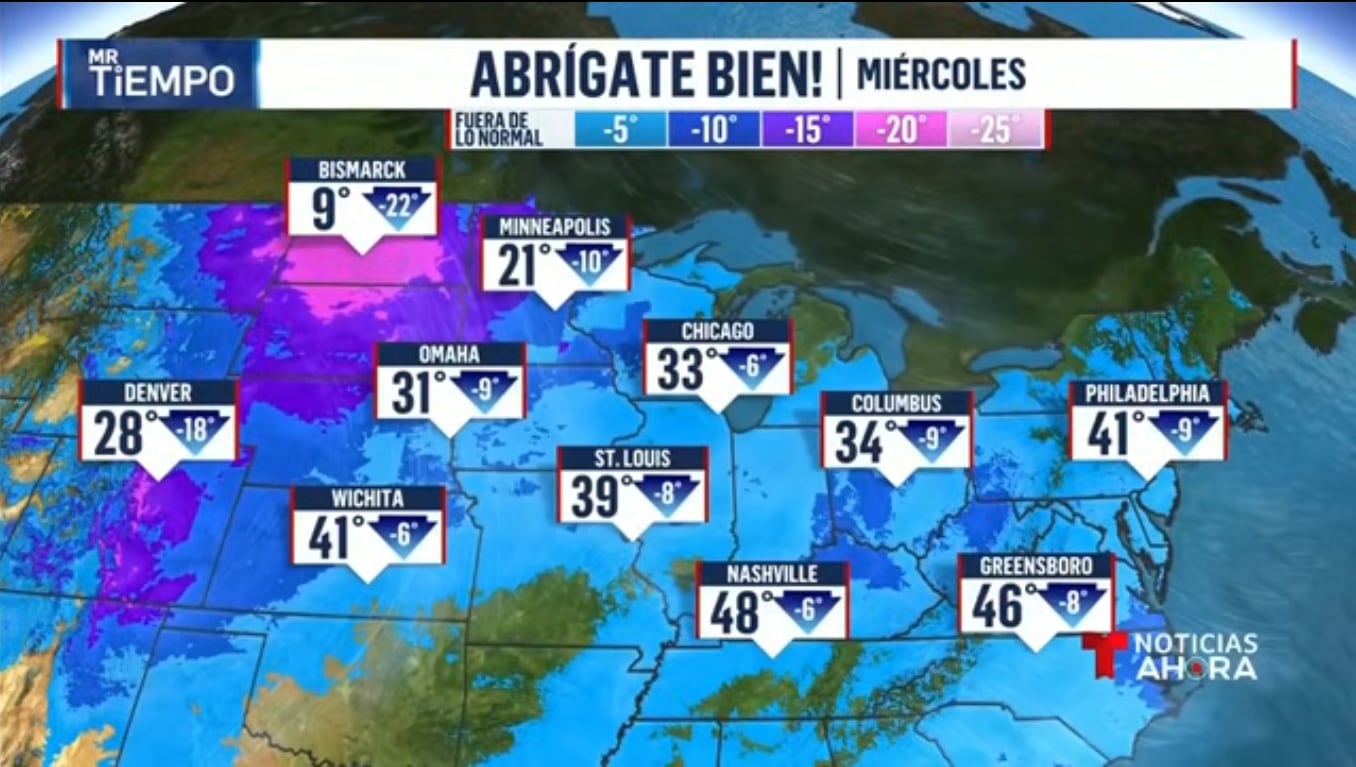 Las temperaturas caerán de forma drástica en EE.UU., dejando máximas que no lograrán recuperarse durante la tarde. | Crédito: Noticias Telemundo
