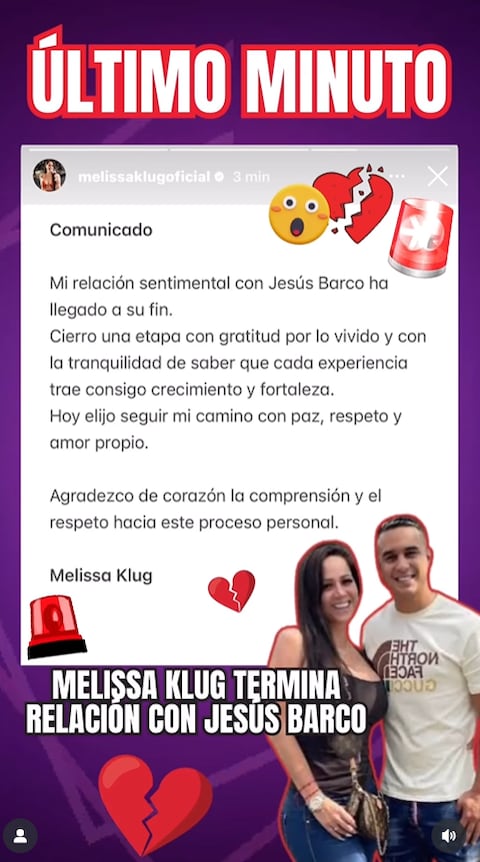 Melissa Klug lanza comunicado anunciando el fin de su relación con Jesús Barco.
