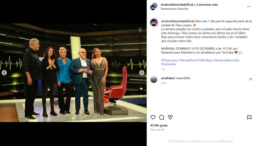 Tilsa Lozano regresa al sillón rojo para la segunda parte de su entrevista en "El valor de la verdad". (Foto: Instagram)