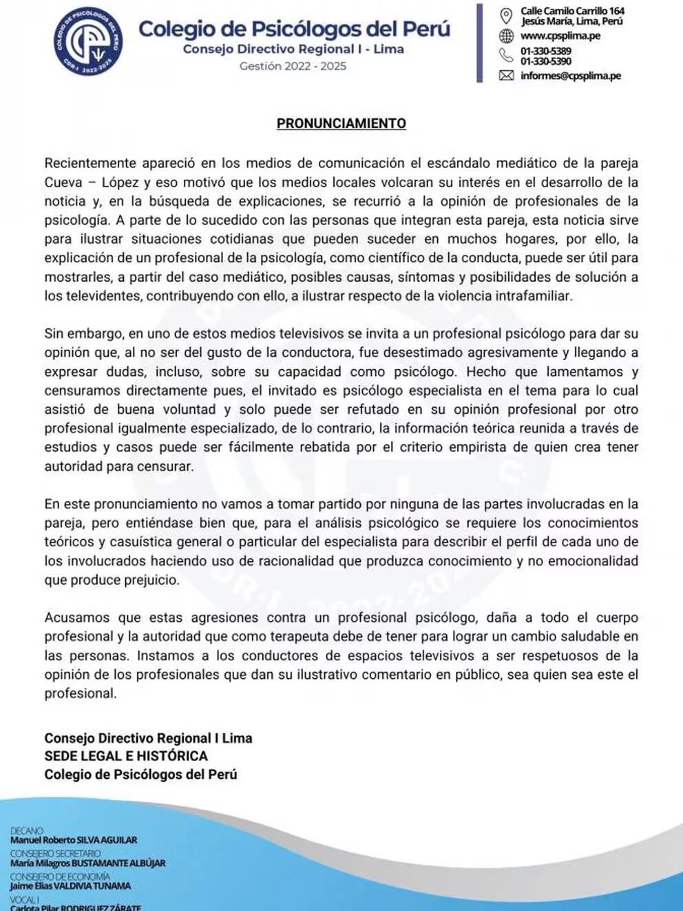 Pronunciamiento del Colegio de Psicólogos del Perú sobre el conflicto entre Magaly Medina y Tomás Angulo.