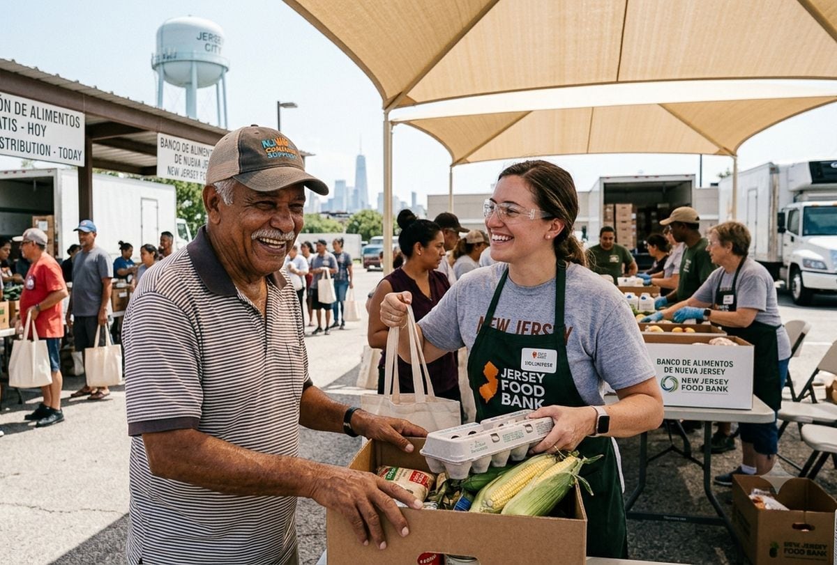 Un adulto recibiendo una caja con víveres en un punto de distribución de Nueva Jersey (Foto: Imagen creada por El Comercio MAG usando Gemini)