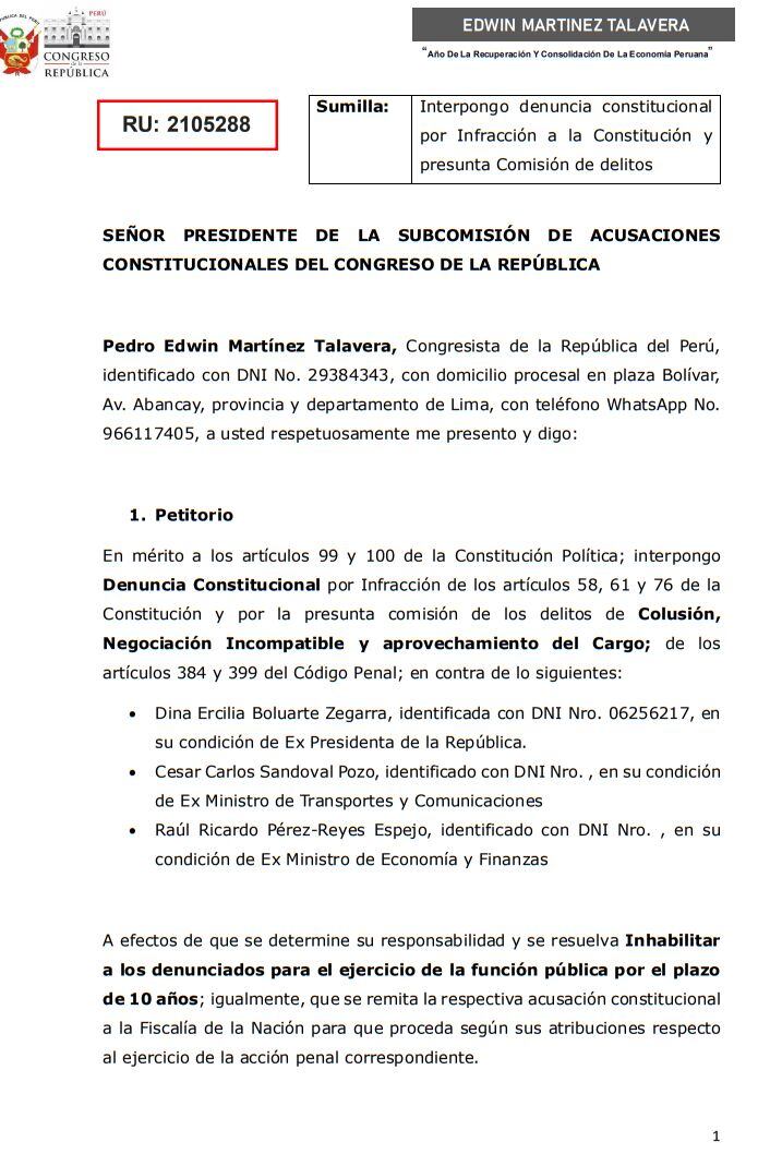 Dina Boluarte denunciada constitucionalmente junto a Raúl Pérez Reyes y César Sandoval.