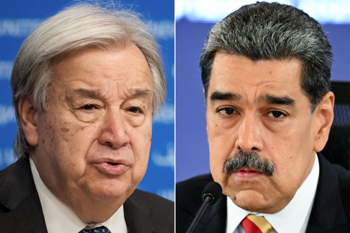 Esta combinación de imágenes muestra al secretario general de la ONU, Antonio Guterres, dirigiéndose al público durante una rueda de prensa, y al presidente de Venezuela, Nicolás Maduro, gesticulando durante una rueda de prensa en Caracas, el 1 de septiembre de 2025. Foto: Fabrice COFFRINI, Juan BARRETO / AFP