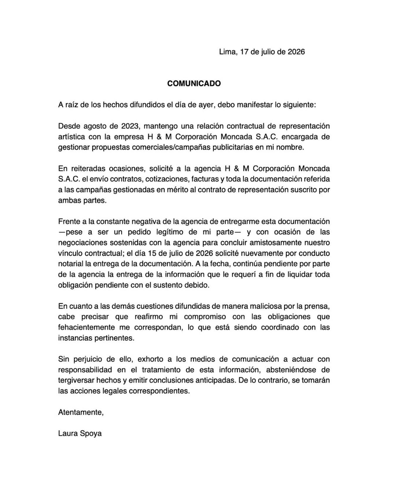 Comunicado de Laura Spoya
