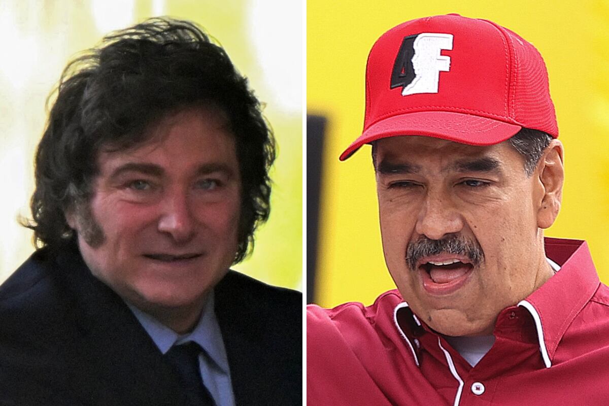 El presidente de Argentina, Javier Milei; y el mandatario venezolano, Nicolás Maduro. (Fotos de Luis ROBAYO / Pedro MATTEY / AFP)