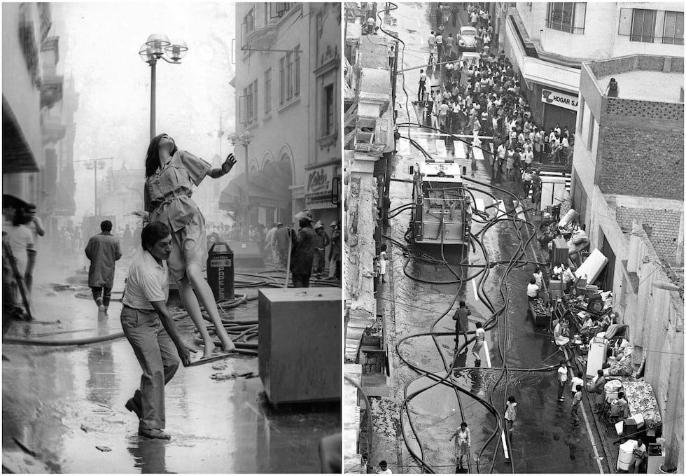 A la izq., un empleado de la Casa Maruy salva un maniquí, que entonces era costoso. A la der., un camión de bomberos ingresa por una calle adyacente al Jirón de la Unión. (Fotos: Archivo Histórico de El Comercio / Julián Espinoza y Luis Laos)