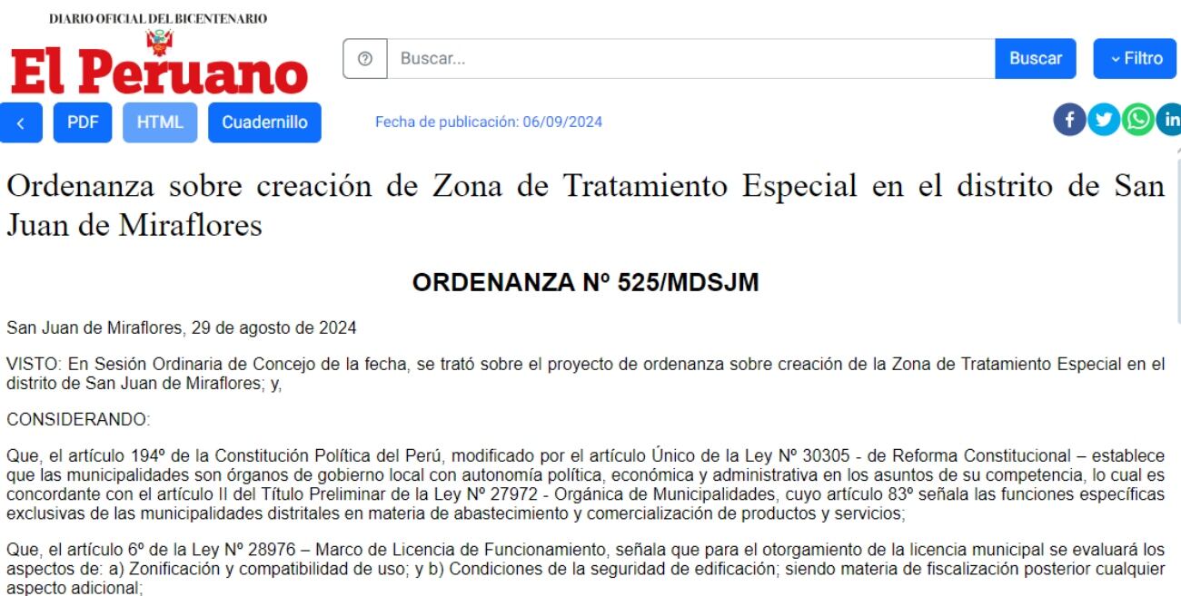 A través de la Ordenanza Municipal N.º 525 que se publicó en el diario El Peruano, el distrito de San Juan de Miraflores dispuso que la urbanización Entel Perú y la Zona D estén sometidas a las Zonas de Tratamiento Especial (ZTE) durante 120 días.