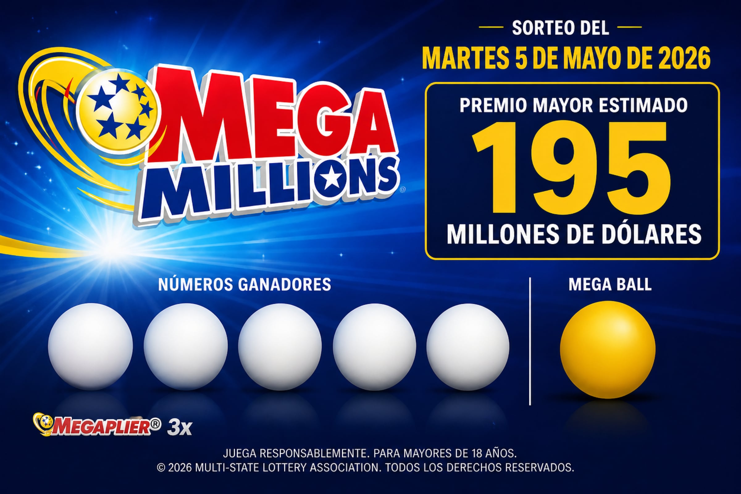 Consulta cuáles son los números ganadores del Mega Millions de este martes 5 de mayo de 2026, con jackpot de 195 millones de dólares. (Foto: Imagen creada por El Comercio MAG utilizando la IA de Chat GPT)