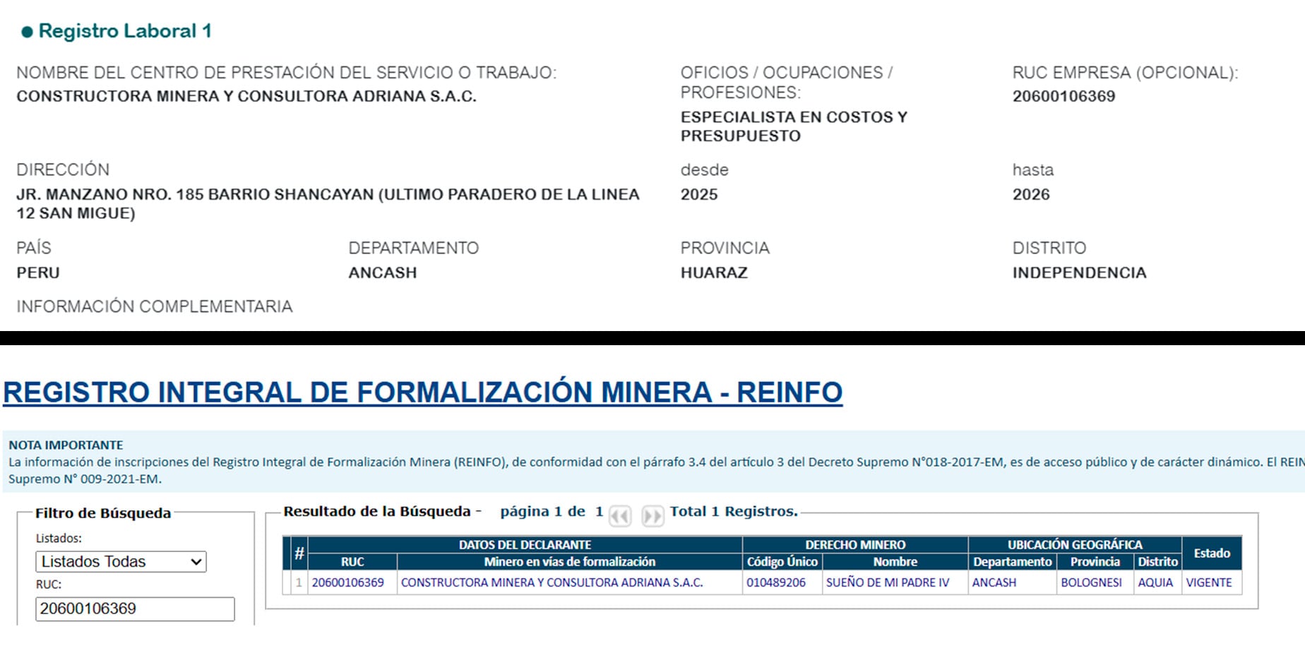 Constructora Minera y Consultora Adriana, habilitada en REINFO, fue el último lugar donde trabajó el exalcalde.
