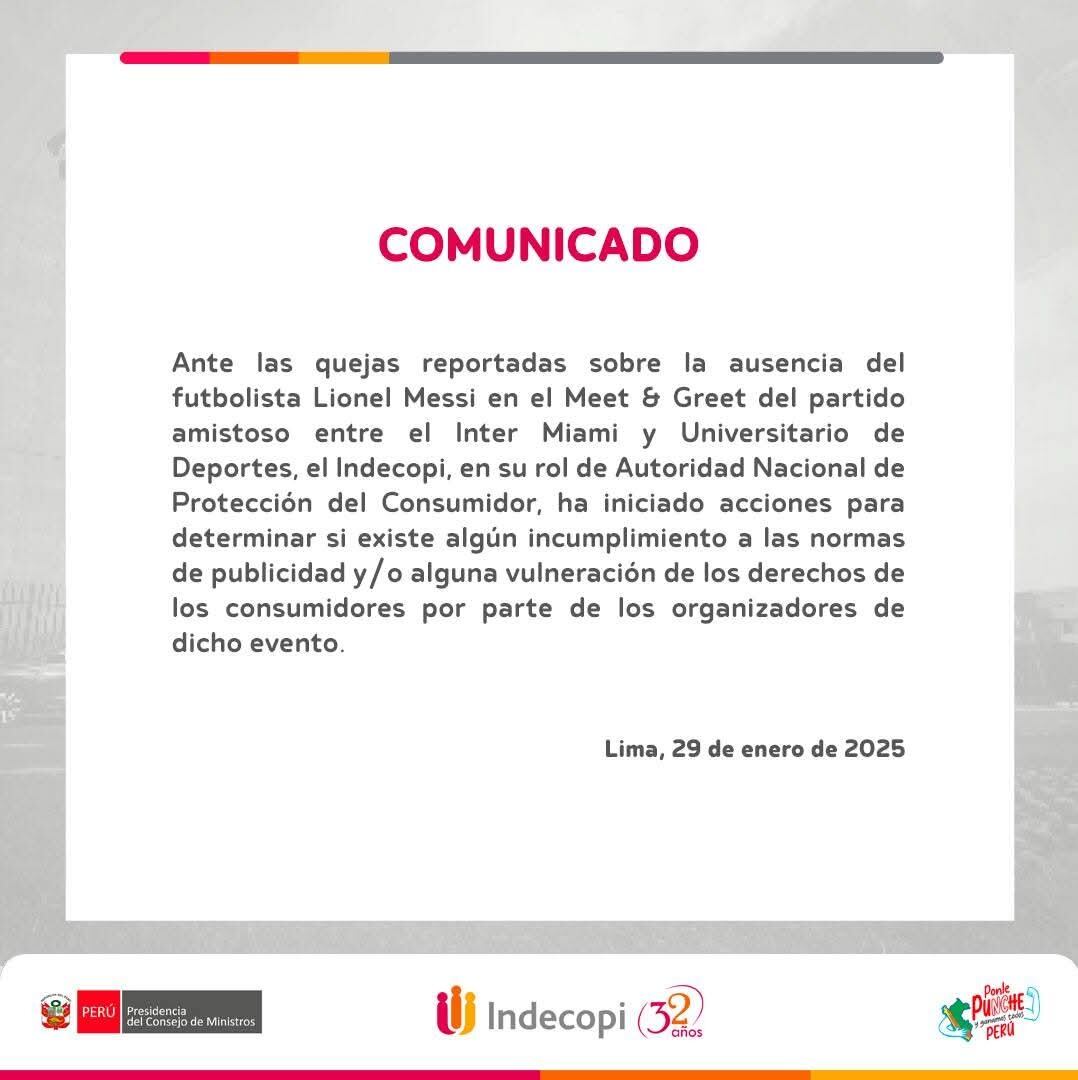 La entidad se manifestó sobre los reclamos de los hinchas ante la ausencia de Lionel Messi en Meet & Greet. Imagen: Indecopi