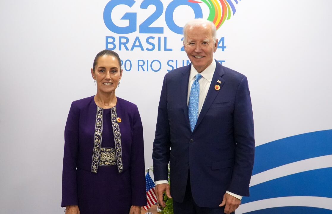 La presidenta de México, Claudia Sheinbaum, y el presidente de Estados Unidos, Joe Biden, tuvieron su primer encuentro presencial en Río de Janeiro, Brasil. (Foto: @Claudiashein)