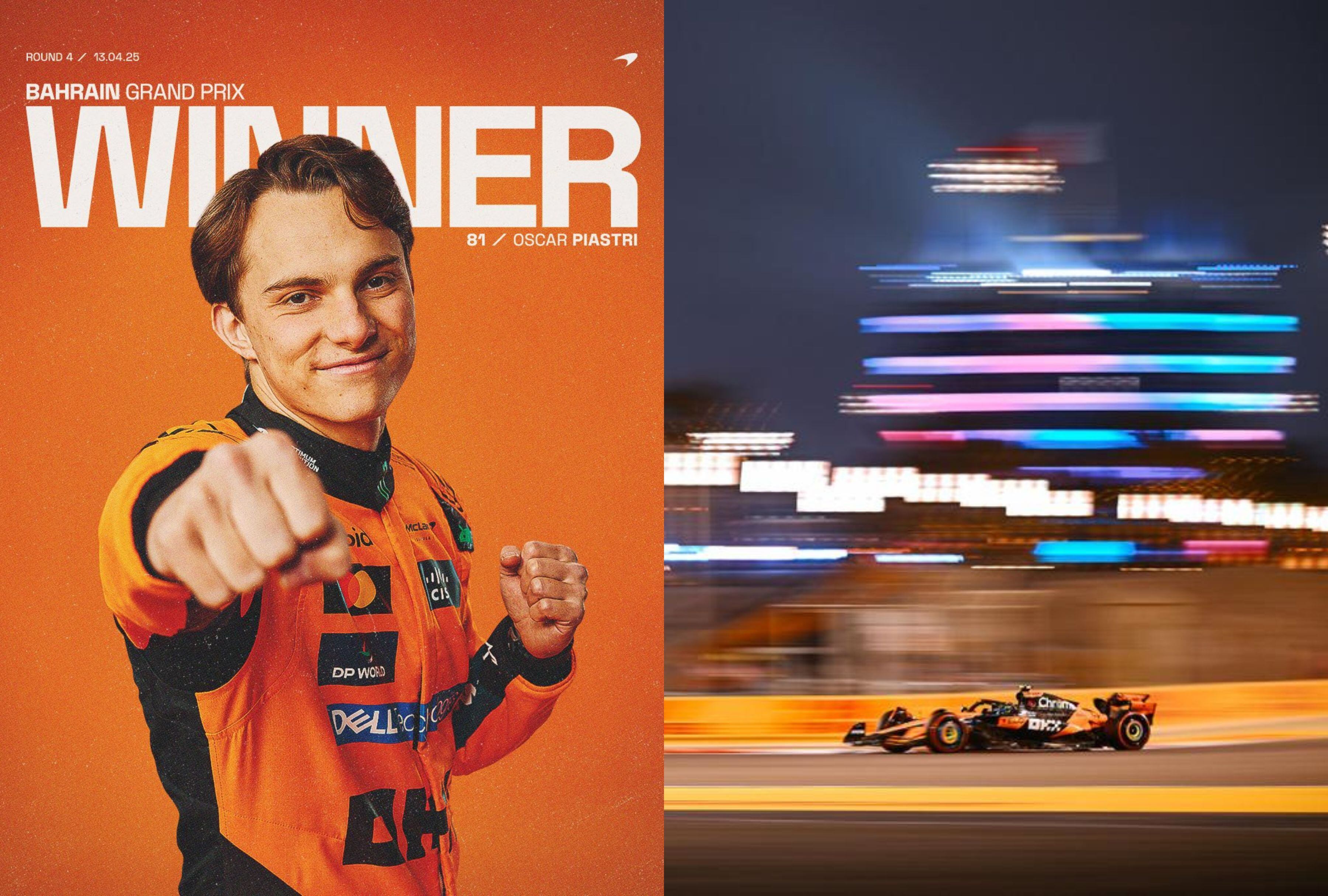 El australiano Oscar Piastri (McLaren) ganó este domingo el Gran Premio de Baréin, cuarta carrera de las 24 de la temporada 2025 de Fórmula 1. | Crédito: @McLarenF1 en X / Composición Mag