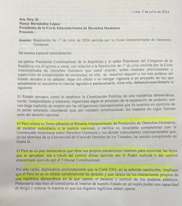 Carta enviada por Boluarte y Soto a la Corte-IDH.