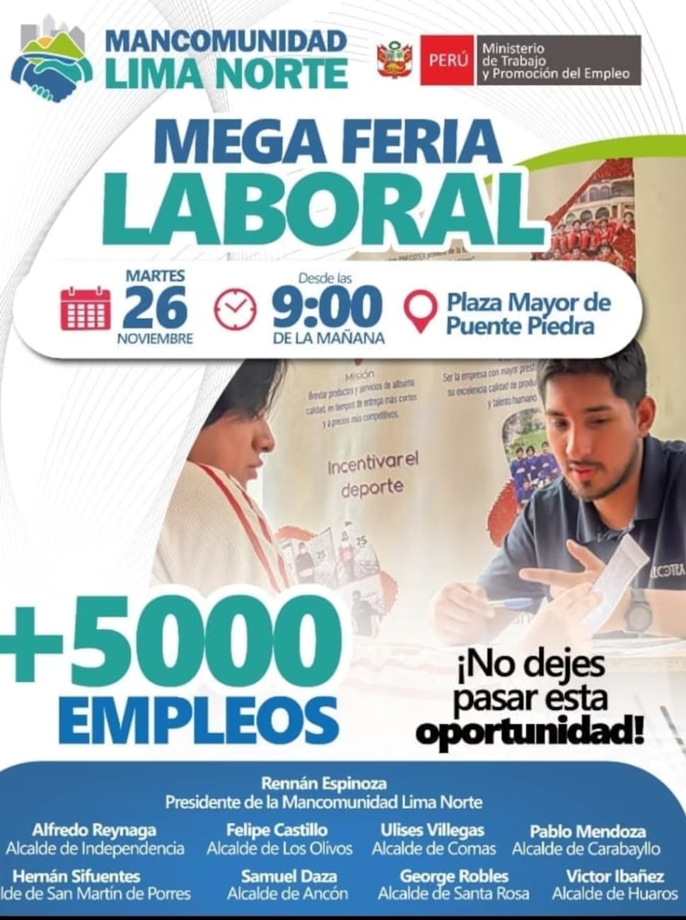 El MTPE anunció que los días 26, 27 y 29 de noviembre llevarán a cabo diversas ferias laborales en Puente Piedra, San Juan de Lurigancho y Pachacámac. Foto: Municipalidad de Puente Piedra