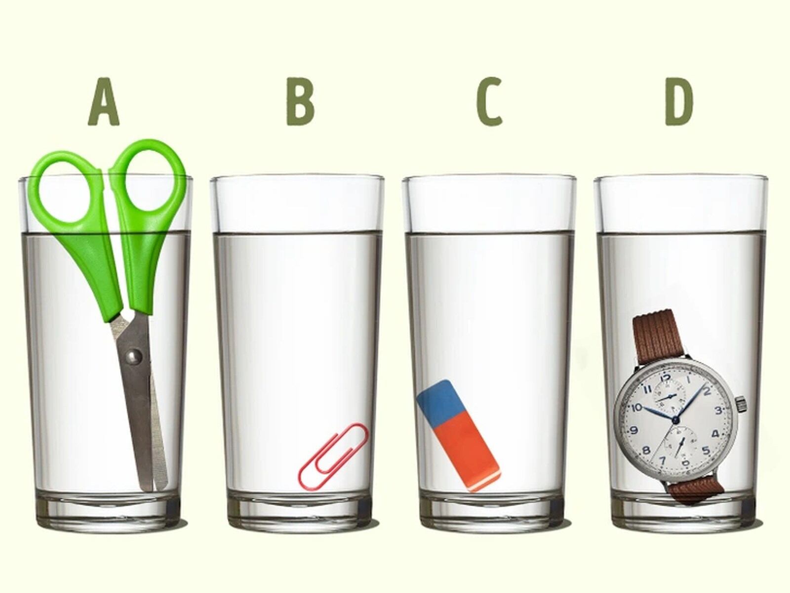 RETO VISUAL | Esta imagen te muestra cuatro vasos. Cada uno tiene un objeto diferente en su interior, además de agua. (Foto: genial.guru)