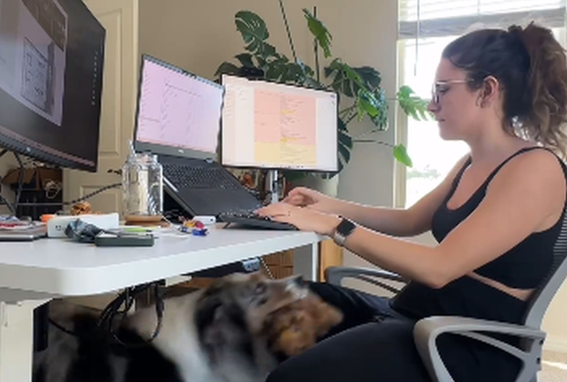 Esta imagen permite apreciar a Alexina Bonnaventure trabajando desde casa mientras que su perro quiere que juegue con ella. (Foto: @stiltontheaussie / Instagram)